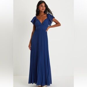 Lulus Ideal Occasion Blue Pleated Flutter Sleeve Backless Maxi Dress